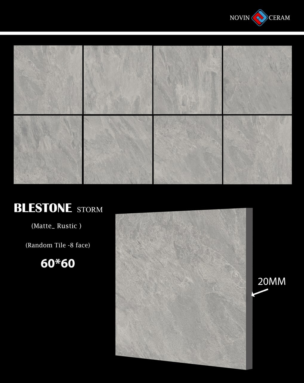 Керамогранит Novin Ceram Blestone Storm X9547M83 серый 60x60